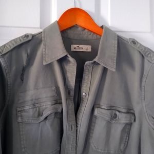 Hollister Olive Distressed Military Women's Button Up Sz Large Raw Hem